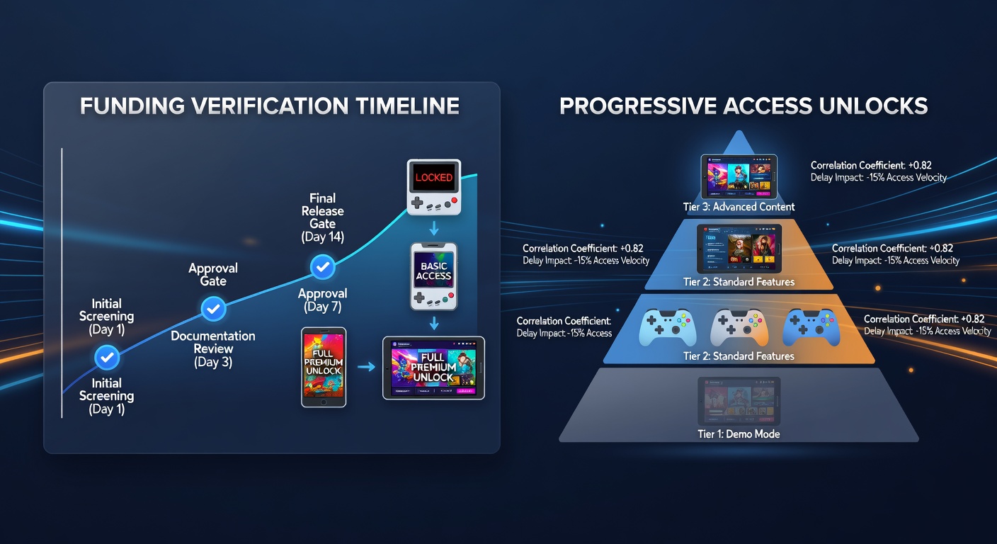 Grafik zeigt zeitliche Abläufe von Finanzierungsverifizierungen und gestaffelten Zugriffsentsperrungen in mobilen Gaming-Apps auf Smartphones und Tablets