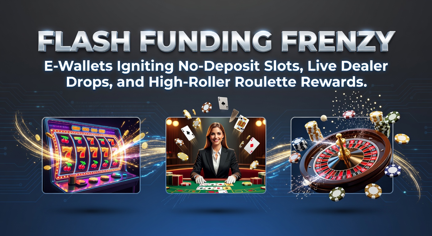 Dynamische Grafik zeigt E-Wallet-Transaktionen, die Casino-Boni wie Slots und Roulette aktivieren, mit Blitz-Effekten und Münzen im Flug