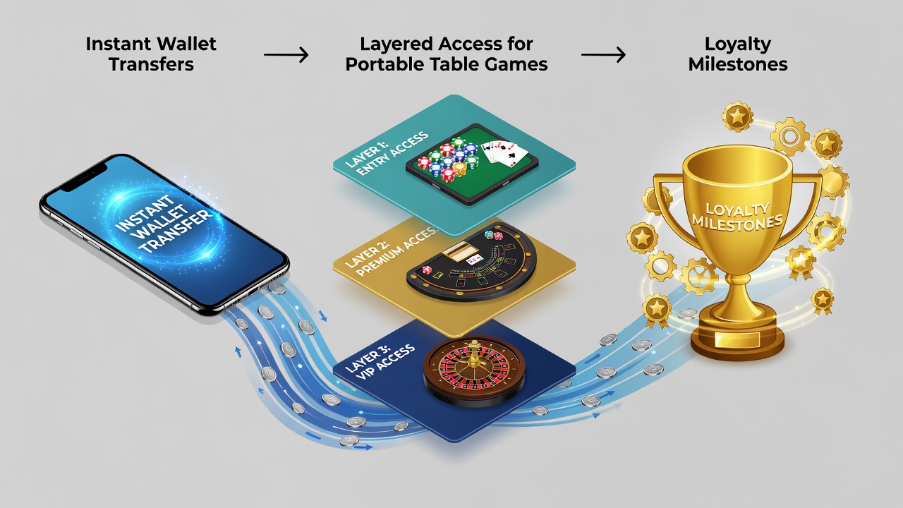 Illustration showing instant wallet transfers flowing into mobile casino interfaces with layered access indicators for table games and loyalty milestones