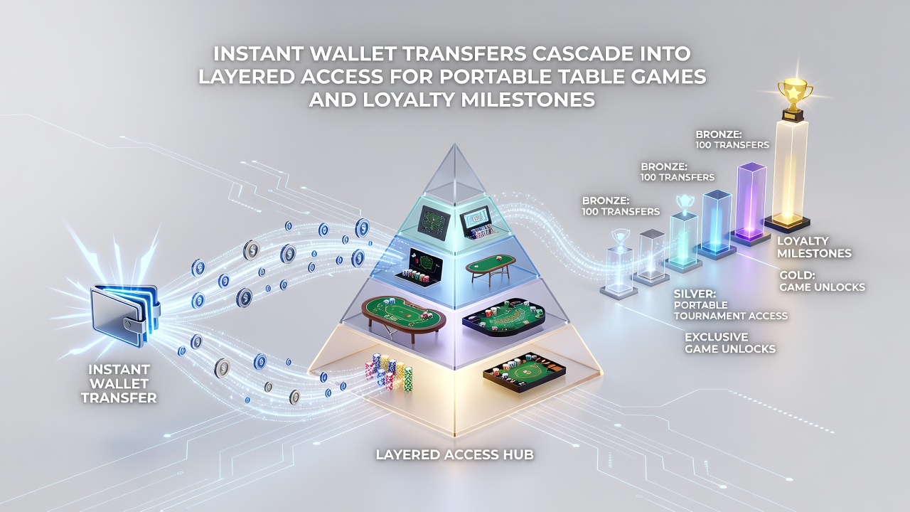 Diagram illustrating cascading access layers from wallet transfers to loyalty milestones in portable table game applications