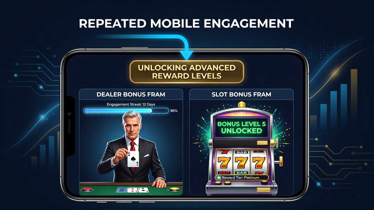 Detaillierte Ansicht einer mobilen App mit gestaffelten Belohnungsindikatoren für Slots und Live-Dealer