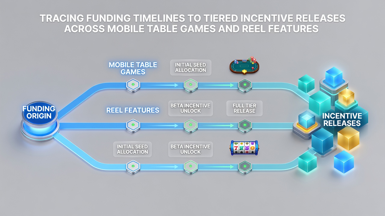 Grafik illustriert gestaffelte Incentive-Freigaben nach Finanzierungs-Timelines in mobilen Tischspielen und Reel-Features mit Beispielen aus dem August 2026